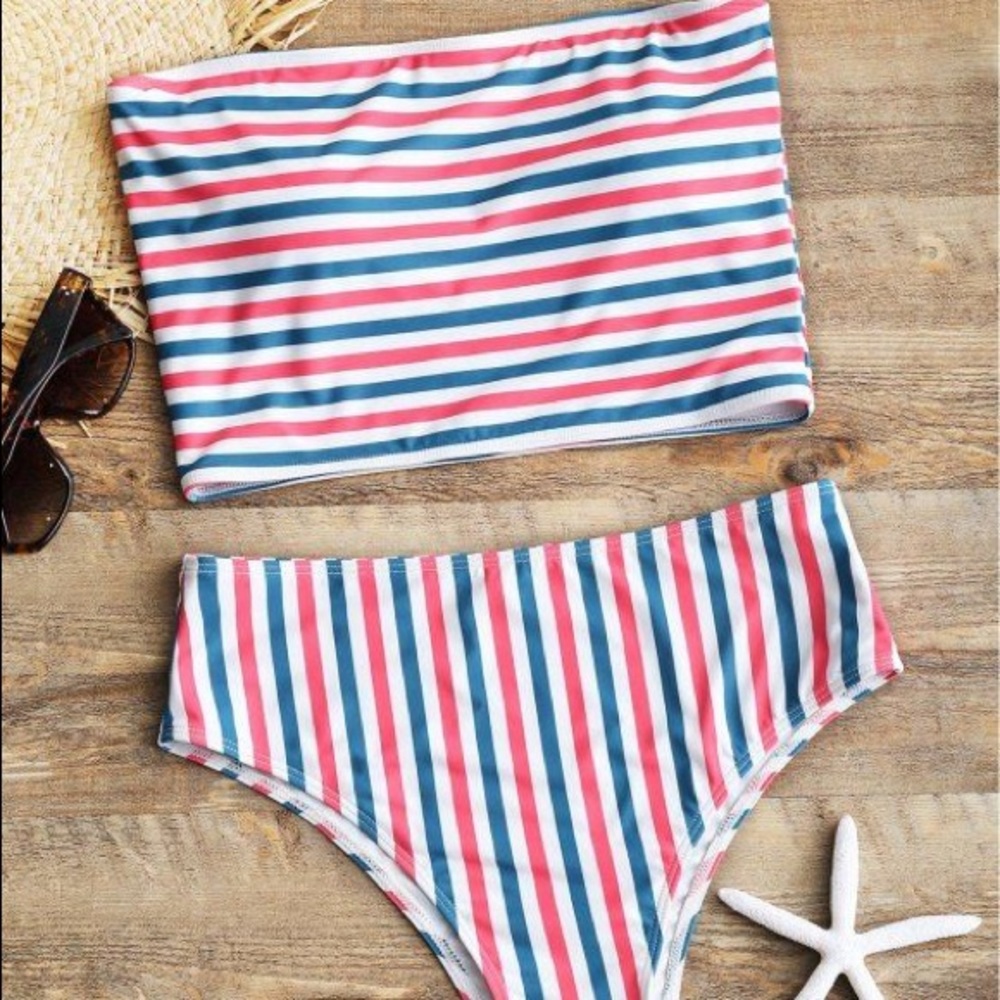 Zaful tube top high waisted cheeky stripe bikini